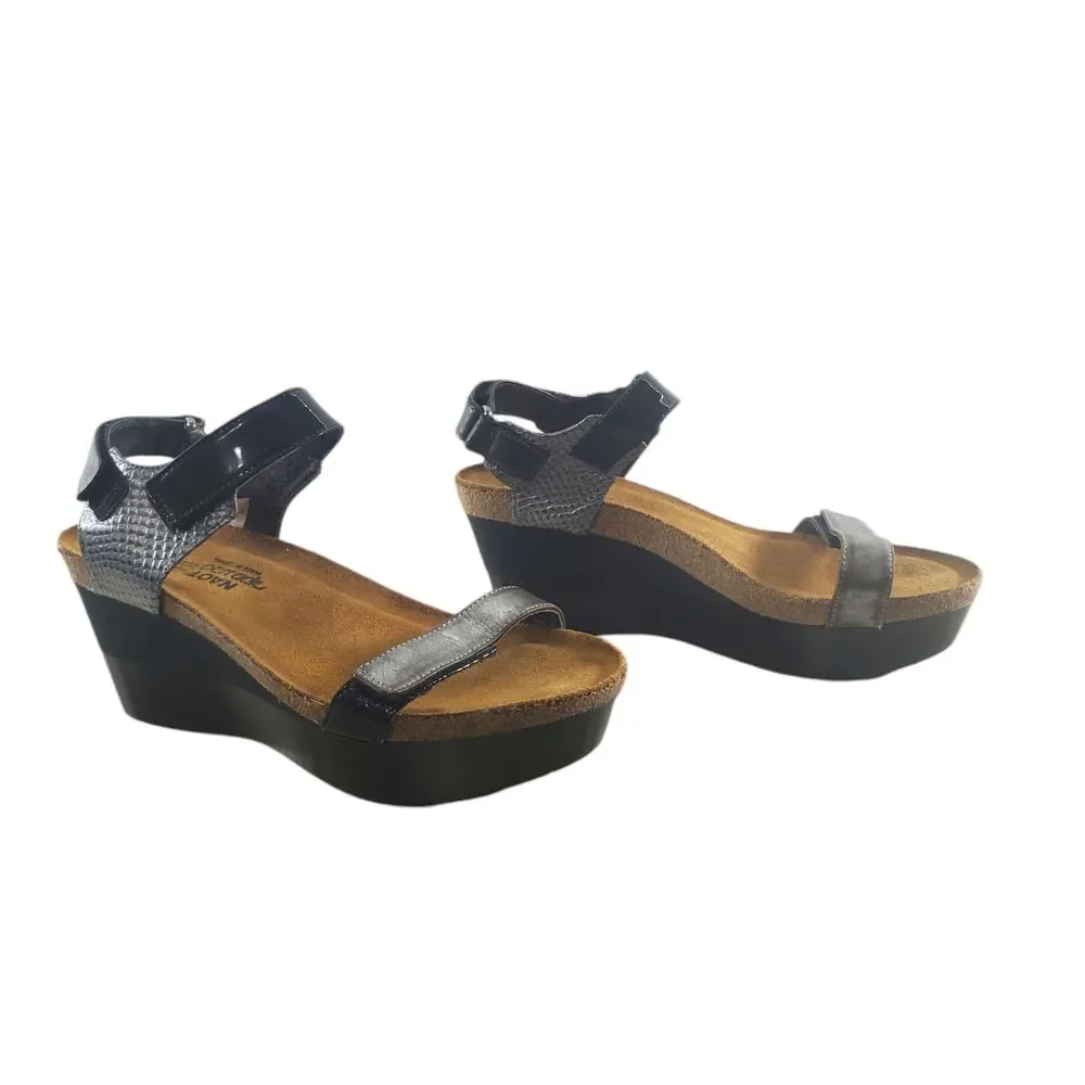 sz 40 Naot Miracle Platform Sandals Open toe Ankle Strap Black Silver Metallic